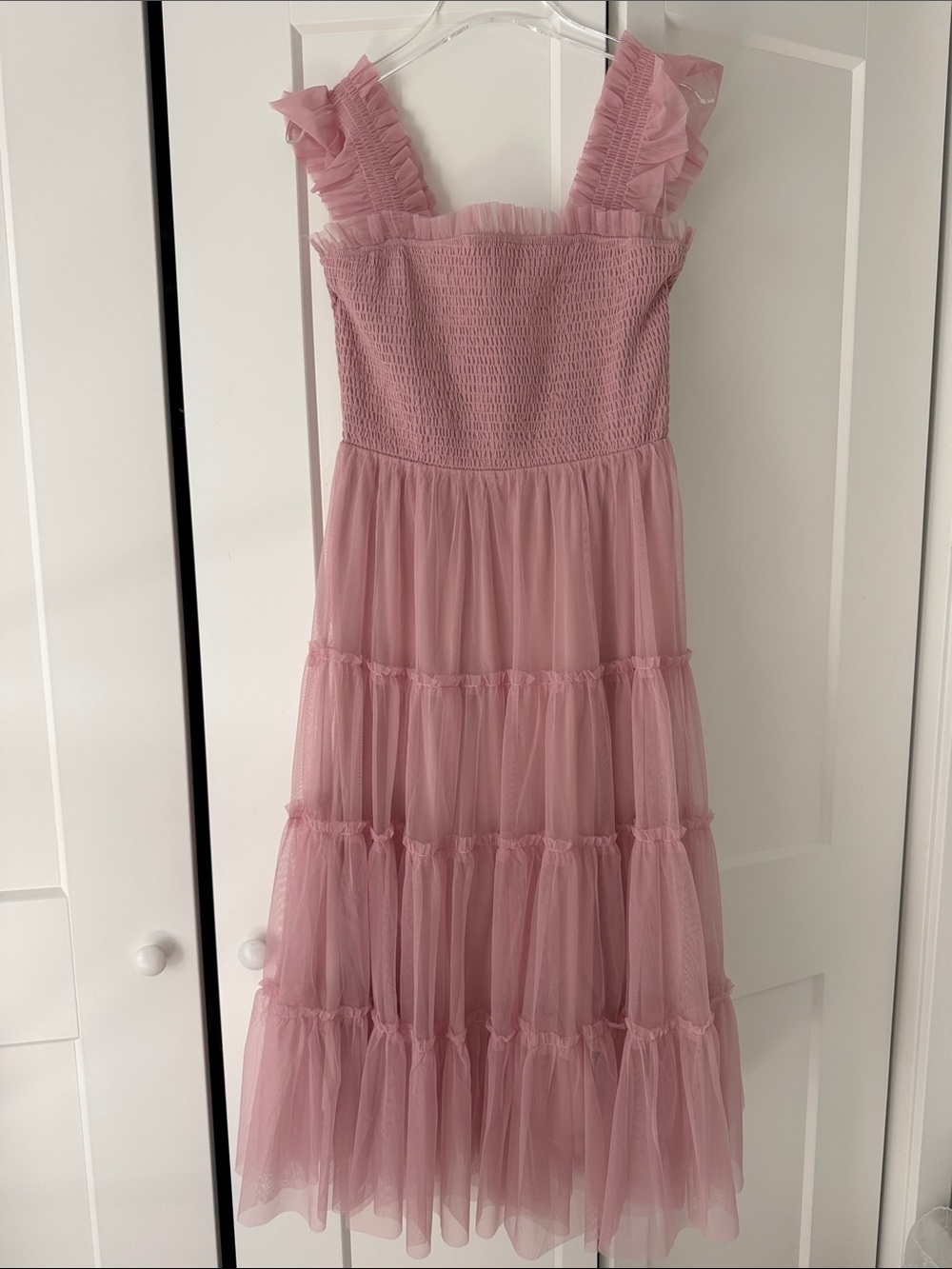 Pink Tiered Tulle Dress with Ruffle Straps